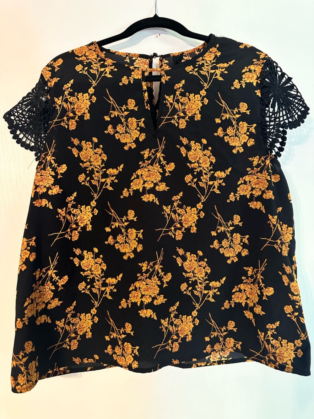 SHEIN Black Top with Mustard Floral Print and Crochet Sleeves